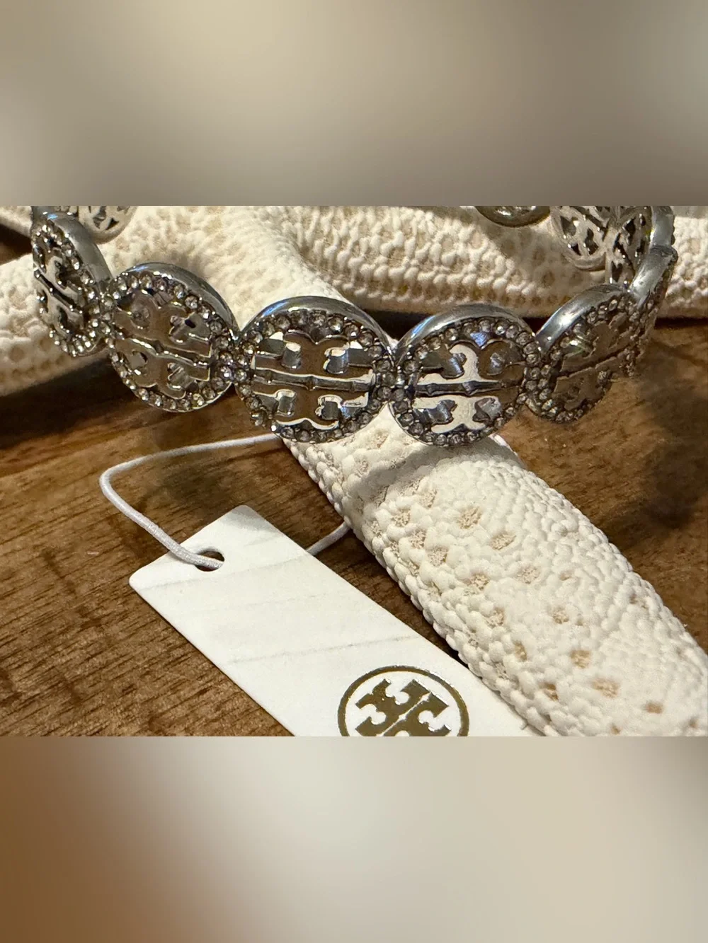 NWT Tory Burch Miller Pavé Crystal Logo Bangle Bracelet Silver